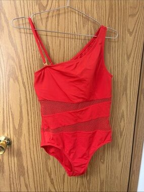 Carmen Marc Valvo Red One-Shoulder Mesh Inset One-Piece Swimsuit